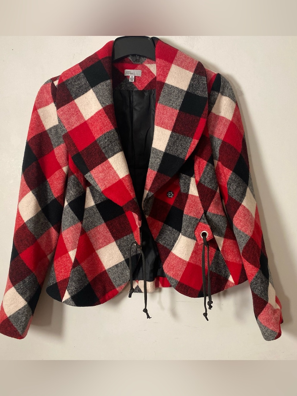 Women’s WOOL Red Plaid Jacket with Shawl Collar